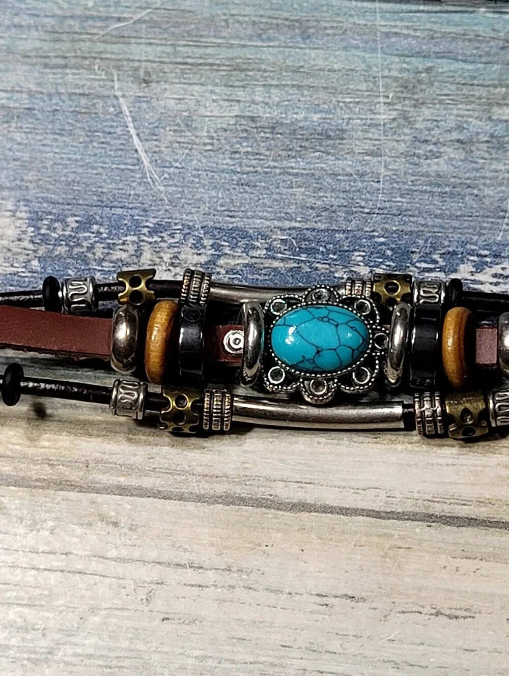 Leather Bead Bracelet with faux Turquoise Stone - Men Accessories